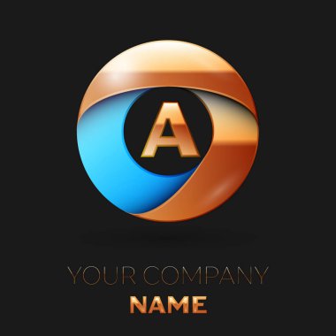 Gerçekçi altın harf logo sembol siyah arka plan üzerinde renkli altın-mavi daire şeklinde. Tasarımınız için vektör şablonu
