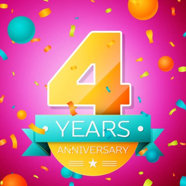 Gerçekçi dört yıl yıldönümü kutlamaları tasarım afiş. Altın numaraları ve mavi kurdele, balon, konfeti pembe bir arka plan üzerinde. Doğum günü partin için renkli vektör şablon öğeleri