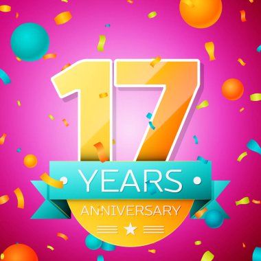 Gerçekçi on yedi yıl yıldönümü kutlamaları tasarım afiş. Altın numaraları ve mavi kurdele, balon, konfeti pembe bir arka plan üzerinde. Doğum günü partin için renkli vektör şablon öğeleri