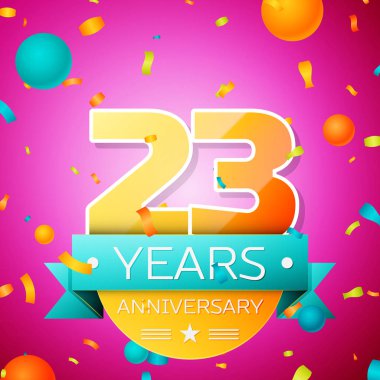 Gerçekçi yirmi üç yıl yıldönümü kutlamaları tasarım afiş. Altın numaraları ve mavi kurdele, balon, konfeti pembe bir arka plan üzerinde. Doğum günü partin için renkli vektör şablon öğeleri