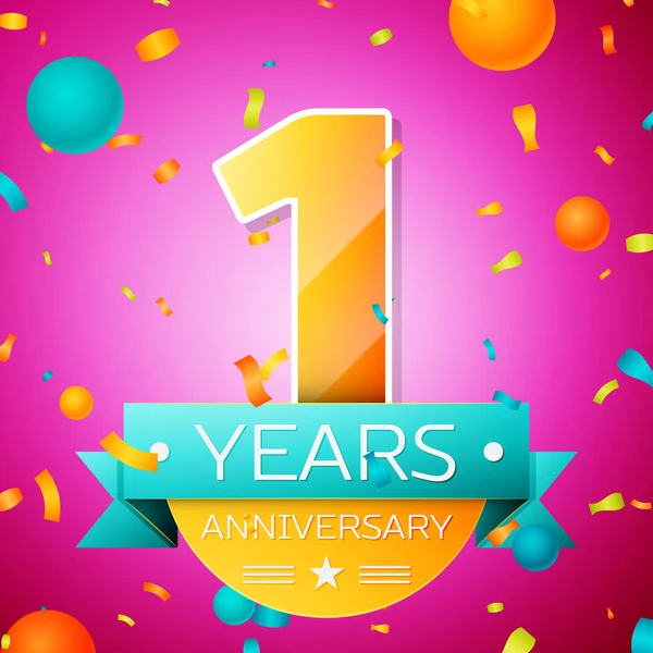 Gerçekçi bir yıl yıldönümü kutlamaları tasarım afiş. Altın numaraları ve mavi kurdele, balon, konfeti pembe bir arka plan üzerinde. Doğum günü partin için renkli vektör şablon öğeleri