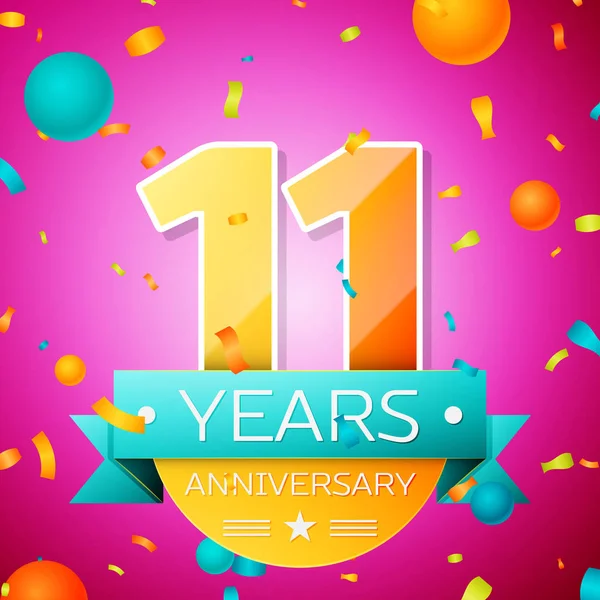 Gerçekçi onbir yıl yıldönümü kutlamaları tasarım afiş. Altın numaraları ve mavi kurdele, balon, konfeti pembe bir arka plan üzerinde. Doğum günü partin için renkli vektör şablon öğeleri