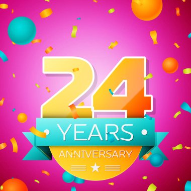 Gerçekçi yirmi dört yıl yıldönümü kutlamaları tasarım afiş. Altın numaraları ve mavi kurdele, balon, konfeti pembe bir arka plan üzerinde. Doğum günü partin için renkli vektör şablon öğeleri