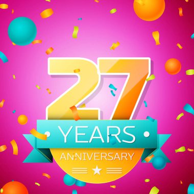 Gerçekçi yirmi yedi yıl yıldönümü kutlamaları tasarım afiş. Altın numaraları ve mavi kurdele, balon, konfeti pembe bir arka plan üzerinde. Doğum günü partin için renkli vektör şablon öğeleri