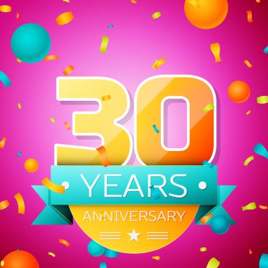 Gerçekçi otuz yıl yıldönümü kutlamaları tasarım afiş. Altın numaraları ve mavi kurdele, balon, konfeti pembe bir arka plan üzerinde. Doğum günü partin için renkli vektör şablon öğeleri