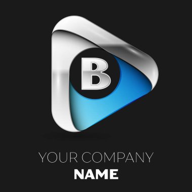 Gerçekçi gümüş mektup B logo sembol siyah arka plan üzerine gümüş-mavi üçgen şeklinde. Tasarımınız için vektör şablonu