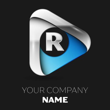 Gerçekçi gümüş harf R logo sembol siyah arka plan üzerine gümüş-mavi üçgen şeklinde. Tasarımınız için vektör şablonu