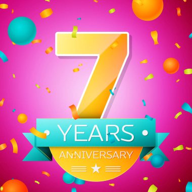 Gerçekçi yedi yıl yıldönümü kutlamaları tasarım afiş. Altın numaraları ve mavi kurdele, balon, konfeti pembe bir arka plan üzerinde. Doğum günü partin için renkli vektör şablon öğeleri