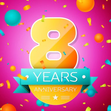 Gerçekçi sekiz yıl yıldönümü kutlamaları tasarım afiş. Altın numaraları ve mavi kurdele, balon, konfeti pembe bir arka plan üzerinde. Doğum günü partin için renkli vektör şablon öğeleri