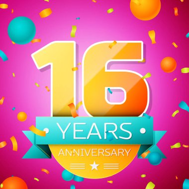 Gerçekçi on altı yıl yıldönümü kutlamaları tasarım afiş. Altın numaraları ve mavi kurdele, balon, konfeti pembe bir arka plan üzerinde. Doğum günü partin için renkli vektör şablon öğeleri