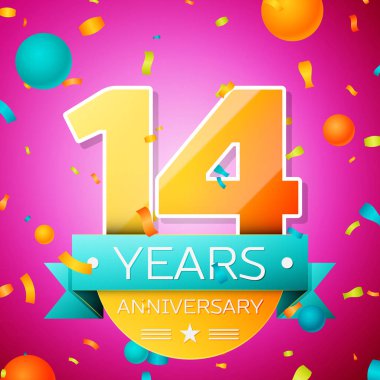Gerçekçi on dört yıl yıldönümü kutlamaları tasarım afiş. Altın numaraları ve mavi kurdele, balon, konfeti pembe bir arka plan üzerinde. Doğum günü partin için renkli vektör şablon öğeleri