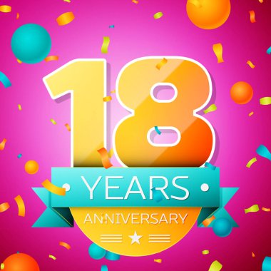Gerçekçi on sekiz yıl yıldönümü kutlamaları tasarım afiş. Altın numaraları ve mavi kurdele, balon, konfeti pembe bir arka plan üzerinde. Doğum günü partin için renkli vektör şablon öğeleri