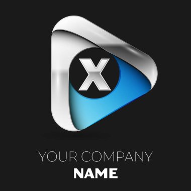 Gerçekçi gümüş harf X logo sembol siyah arka plan üzerine gümüş-mavi üçgen şeklinde. Tasarımınız için vektör şablonu