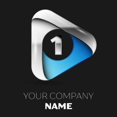 Gerçekçi gümüş bir logo sembol siyah arka plan üzerine gümüş-mavi üçgen şeklinde. Tasarımınız için vektör şablonu