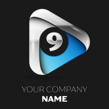 Gerçekçi gümüş Number Nine logo sembol siyah arka plan üzerine gümüş-mavi üçgen şeklinde. Tasarımınız için vektör şablonu