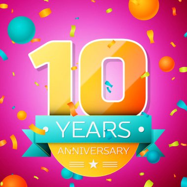 Gerçekçi on yıl yıldönümü kutlamaları tasarım afiş. Altın numaraları ve mavi kurdele, balon, konfeti pembe bir arka plan üzerinde. Doğum günü partin için renkli vektör şablon öğeleri