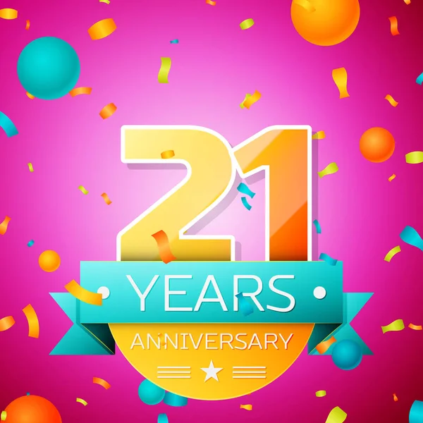 Realistic Twenty one Years Anniversary Banner de diseño de celebración. Números dorados y cinta ciana, globos, confeti sobre fondo rosa. Coloridos elementos de plantilla Vector para su fiesta de cumpleaños — Archivo Imágenes Vectoriales