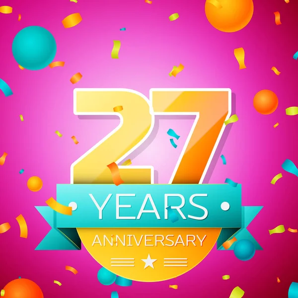 Gerçekçi yirmi yedi yıl yıldönümü kutlamaları tasarım afiş. Altın numaraları ve mavi kurdele, balon, konfeti pembe bir arka plan üzerinde. Doğum günü partin için renkli vektör şablon öğeleri