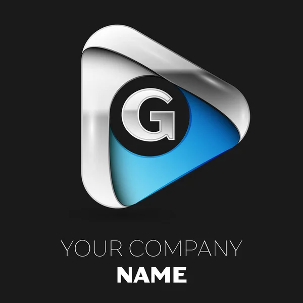 Simbolo realistico con logo G in argento-blu a forma di triangolo su sfondo nero. Modello vettoriale per il tuo design — Vettoriale Stock