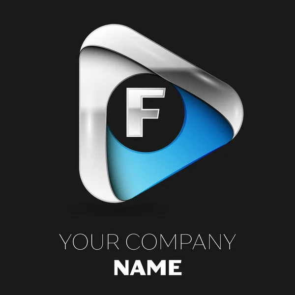 Символ логотипа - серебристая буква F в форме серебряно-синего треугольника на черном фоне. Векторный шаблон для Вашего дизайна — стоковый вектор
