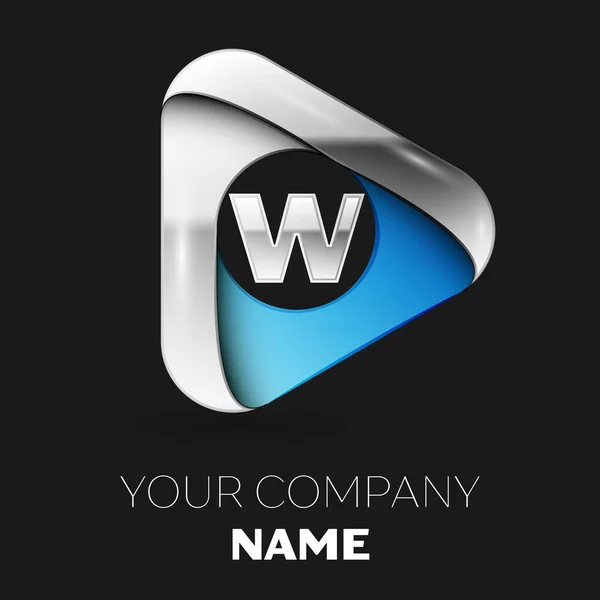 Символ логотипа - серебряная буква W в форме серебристо-синего треугольника на черном фоне. Векторный шаблон для Вашего дизайна — стоковый вектор