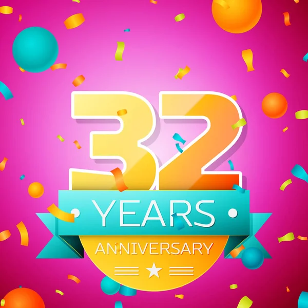 Realistic Thirty two Years Anniversary Banner de diseño de celebración. Números dorados y cinta ciana, globos, confeti sobre fondo rosa. Coloridos elementos de plantilla Vector para su fiesta de cumpleaños — Vector de stock