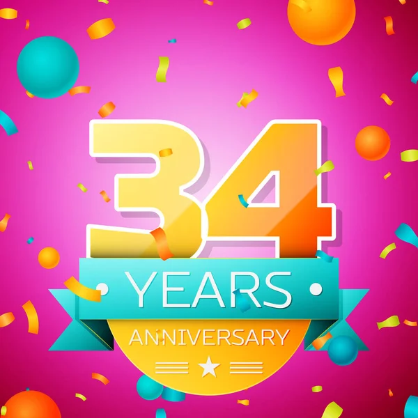 Realistic Thirty four Years Anniversary Banner de diseño de celebración. Números dorados y cinta ciana, globos, confeti sobre fondo rosa. Coloridos elementos de plantilla Vector para su fiesta de cumpleaños — Vector de stock