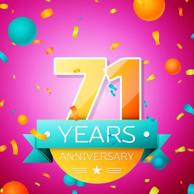 Gerçekçi yetmiş bir yıl yıldönümü kutlamaları tasarım afiş. Altın numaraları ve mavi kurdele, balon, konfeti pembe bir arka plan üzerinde. Doğum günü partin için renkli vektör şablon öğeleri