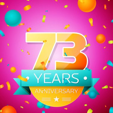 Gerçekçi yetmiş üç yıl yıldönümü kutlamaları tasarım afiş. Altın numaraları ve mavi kurdele, balon, konfeti pembe bir arka plan üzerinde. Doğum günü partin için renkli vektör şablon öğeleri