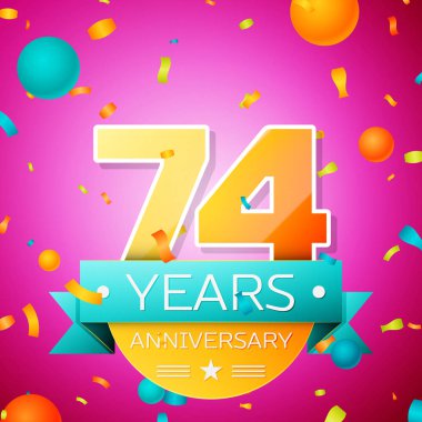 Gerçekçi yetmiş dört yıl yıldönümü kutlamaları tasarım afiş. Altın numaraları ve mavi kurdele, balon, konfeti pembe bir arka plan üzerinde. Doğum günü partin için renkli vektör şablon öğeleri