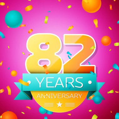 Gerçekçi seksen iki yıl yıldönümü kutlamaları tasarım afiş. Altın numaraları ve mavi kurdele, balon, konfeti pembe bir arka plan üzerinde. Doğum günü partin için renkli vektör şablon öğeleri