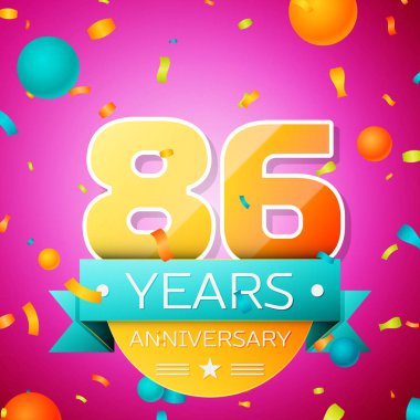 Gerçekçi seksen altı yıl yıldönümü kutlamaları tasarım afiş. Altın numaraları ve mavi kurdele, balon, konfeti pembe bir arka plan üzerinde. Doğum günü partin için renkli vektör şablon öğeleri