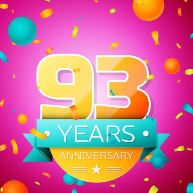Gerçekçi doksan üç yıl yıldönümü kutlamaları tasarım afiş. Altın numaraları ve mavi kurdele, balon, konfeti pembe bir arka plan üzerinde. Doğum günü partin için renkli vektör şablon öğeleri