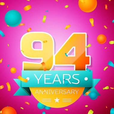 Gerçekçi doksan dört yıl yıldönümü kutlamaları tasarım afiş. Altın numaraları ve mavi kurdele, balon, konfeti pembe bir arka plan üzerinde. Doğum günü partin için renkli vektör şablon öğeleri