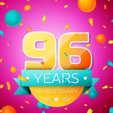 Gerçekçi doksan altı yıl yıldönümü kutlamaları tasarım afiş. Altın numaraları ve mavi kurdele, balon, konfeti pembe bir arka plan üzerinde. Doğum günü partin için renkli vektör şablon öğeleri