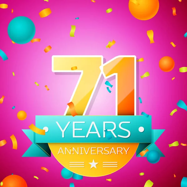 Gerçekçi yetmiş bir yıl yıldönümü kutlamaları tasarım afiş. Altın numaraları ve mavi kurdele, balon, konfeti pembe bir arka plan üzerinde. Doğum günü partin için renkli vektör şablon öğeleri