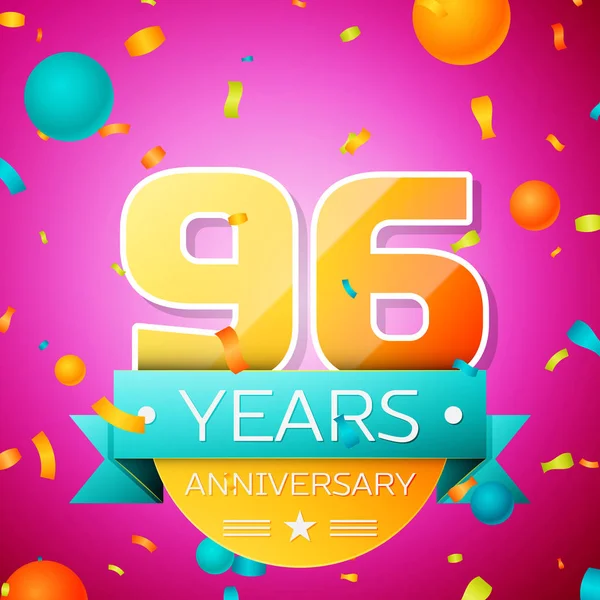 Gerçekçi doksan altı yıl yıldönümü kutlamaları tasarım afiş. Altın numaraları ve mavi kurdele, balon, konfeti pembe bir arka plan üzerinde. Doğum günü partin için renkli vektör şablon öğeleri