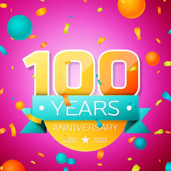Gerçekçi yüz yıl yıldönümü kutlamaları tasarım afiş. Altın numaraları ve mavi kurdele, balon, konfeti pembe bir arka plan üzerinde. Doğum günü partin için renkli vektör şablon öğeleri