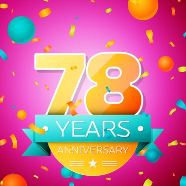 Gerçekçi yetmiş sekiz yıl yıldönümü kutlamaları tasarım afiş. Altın numaraları ve mavi kurdele, balon, konfeti pembe bir arka plan üzerinde. Doğum günü partin için renkli vektör şablon öğeleri