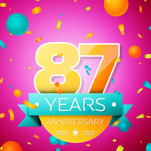 Gerçekçi seksen yedi yıl yıldönümü kutlamaları tasarım afiş. Altın numaraları ve mavi kurdele, balon, konfeti pembe bir arka plan üzerinde. Doğum günü partin için renkli vektör şablon öğeleri