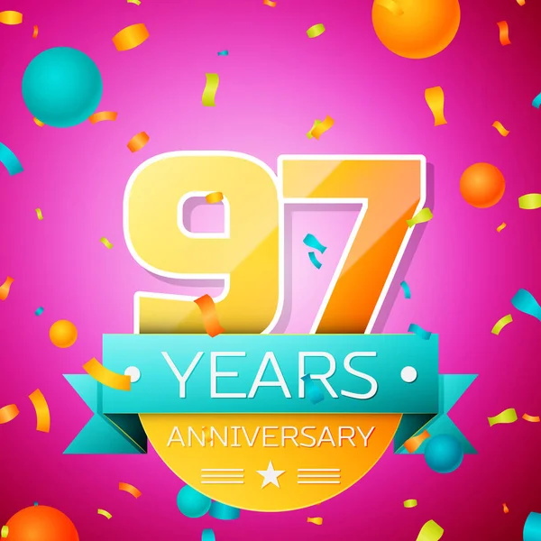 Gerçekçi doksan yedi yıl yıldönümü kutlamaları tasarım afiş. Altın numaraları ve mavi kurdele, balon, konfeti pembe bir arka plan üzerinde. Doğum günü partin için renkli vektör şablon öğeleri