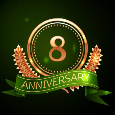 Gerçekçi sekiz yıl yıldönümü kutlama altın yüzük ve tasarım Laurel Wreath, yeşil zemin üzerine yeşil şerit. Renkli vektör şablon öğeleri Doğum günü kutlamak için parti