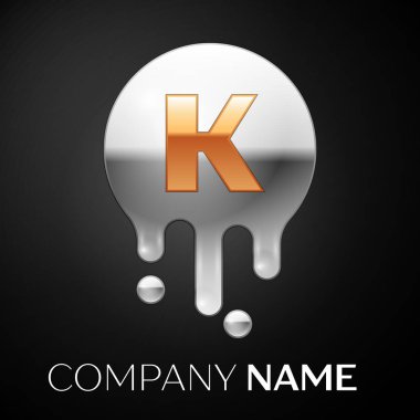 K harfi sıçrama logosunu görmeniz gerekir. Altın nokta ve gümüş kabarcık mektup tasarım siyah arka plan üzerine. Vektör çizim