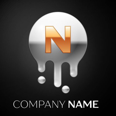 N harfi sıçrama logosunu görmeniz gerekir. Altın nokta ve gümüş kabarcık mektup tasarım siyah arka plan üzerine. Vektör çizim