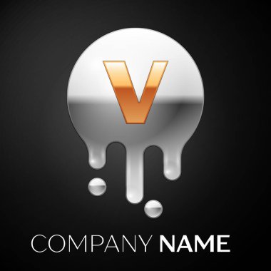 Harf V sıçrama logosunu görmeniz gerekir. Altın nokta ve gümüş kabarcık mektup tasarım siyah arka plan üzerine. Vektör çizim