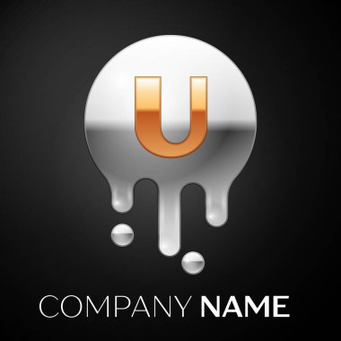 U harfi sıçrama logosunu görmeniz gerekir. Altın nokta ve gümüş kabarcık mektup tasarım siyah arka plan üzerine. Vektör çizim