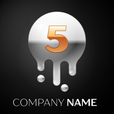 Sayı beş sıçrama logosunu görmeniz gerekir. Altın nokta ve gümüş kabarcık mektup tasarım siyah arka plan üzerine. Vektör çizim