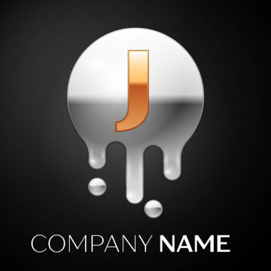 J harfi sıçrama logosunu görmeniz gerekir. Altın nokta ve gümüş kabarcık mektup tasarım siyah arka plan üzerine. Vektör çizim