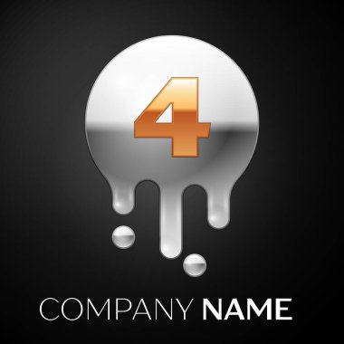 Sayı dört sıçrama logosunu görmeniz gerekir. Altın nokta ve gümüş kabarcık mektup tasarım siyah arka plan üzerine. Vektör çizim
