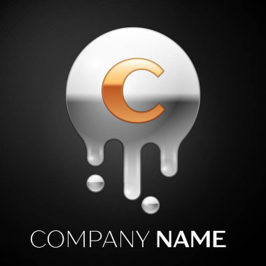 C harfi sıçrama logosunu görmeniz gerekir. Altın nokta ve gümüş kabarcık mektup tasarım siyah arka plan üzerine. Vektör çizim